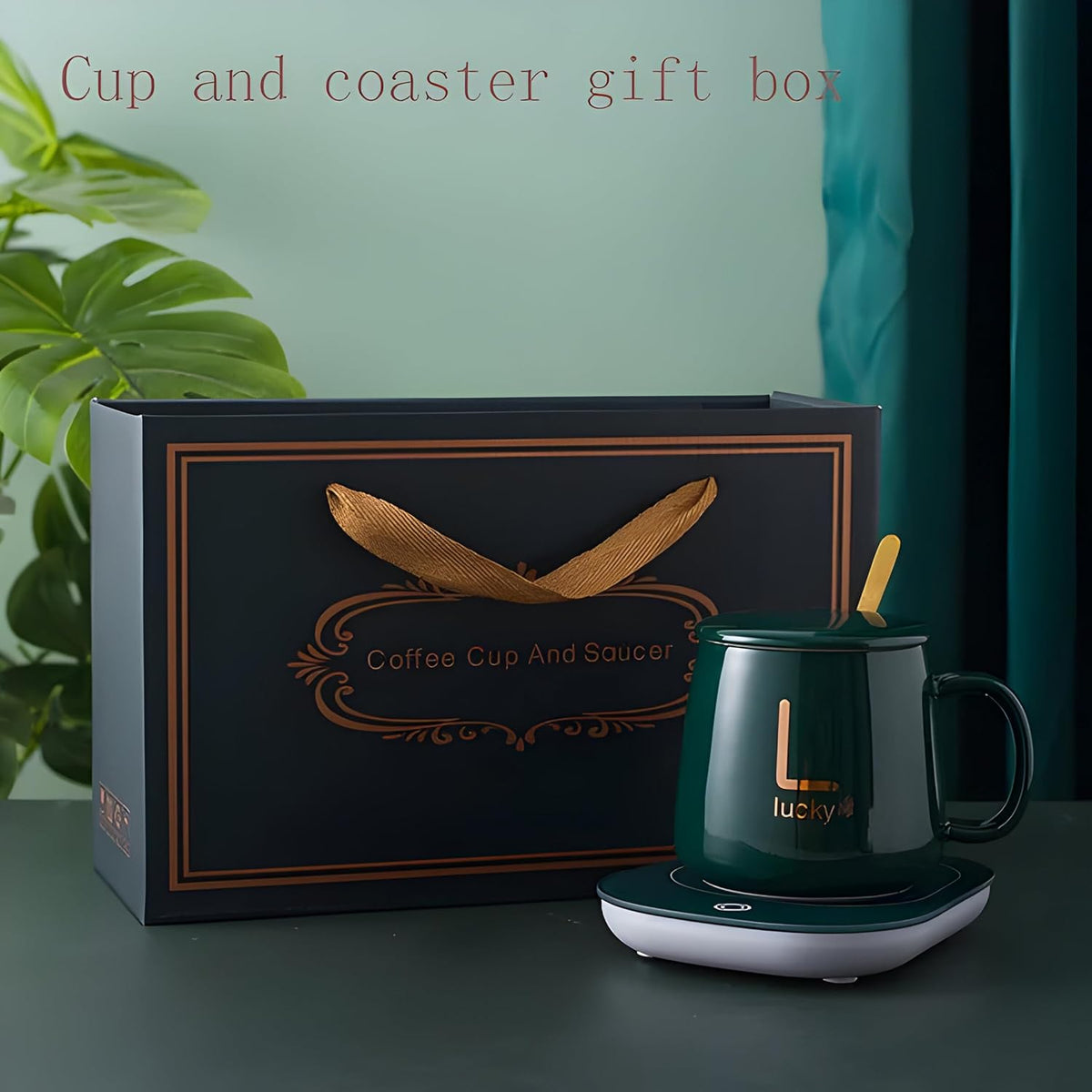 300ml Ceramic Electric Coffee Mug Warmer Set with Smart Heating Coaster for Home & Office | Green