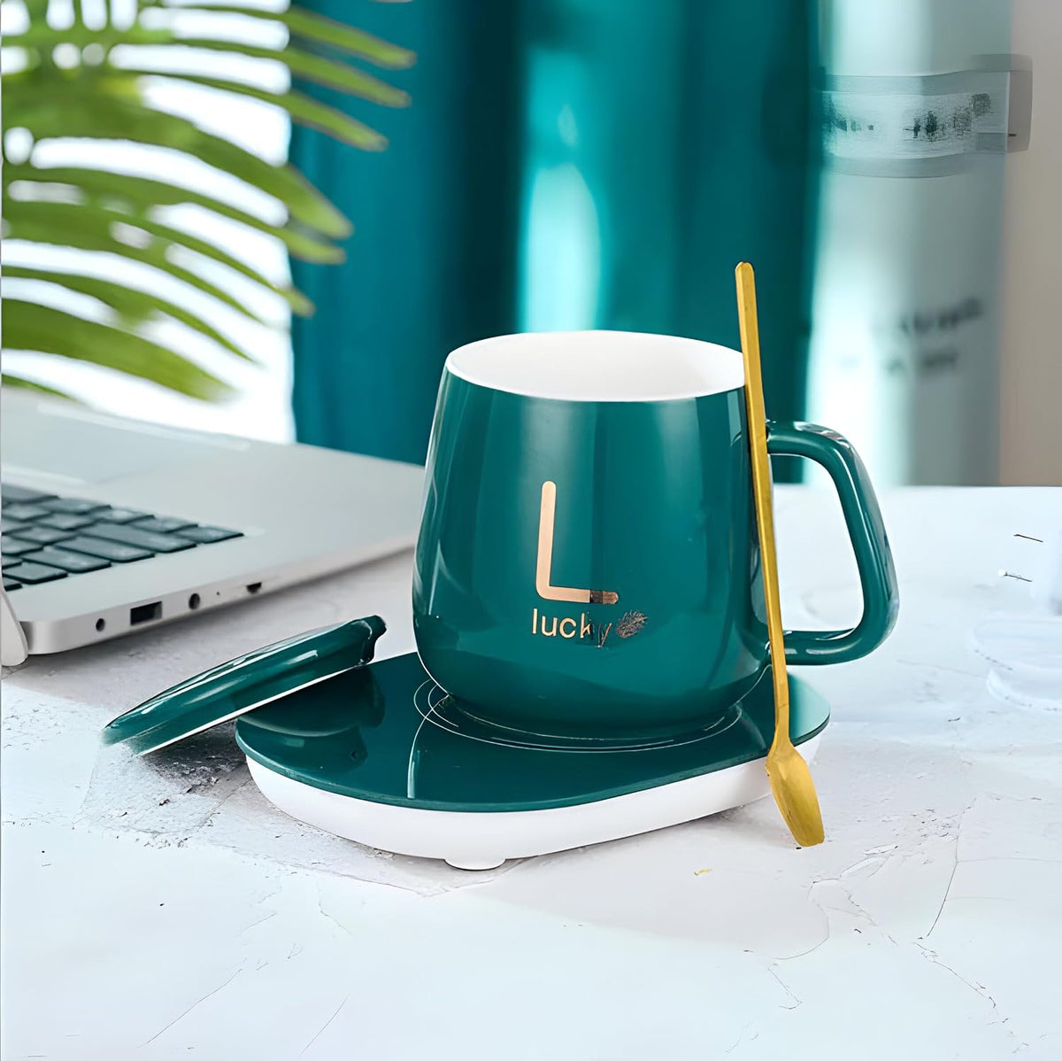 300ml Ceramic Electric Coffee Mug Warmer Set with Smart Heating Coaster for Home & Office | Green